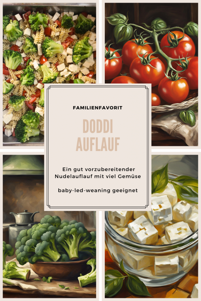 Bildcollage mit Zutaten für Nudelauflauf mit Tomate, Brokkoli und Feta