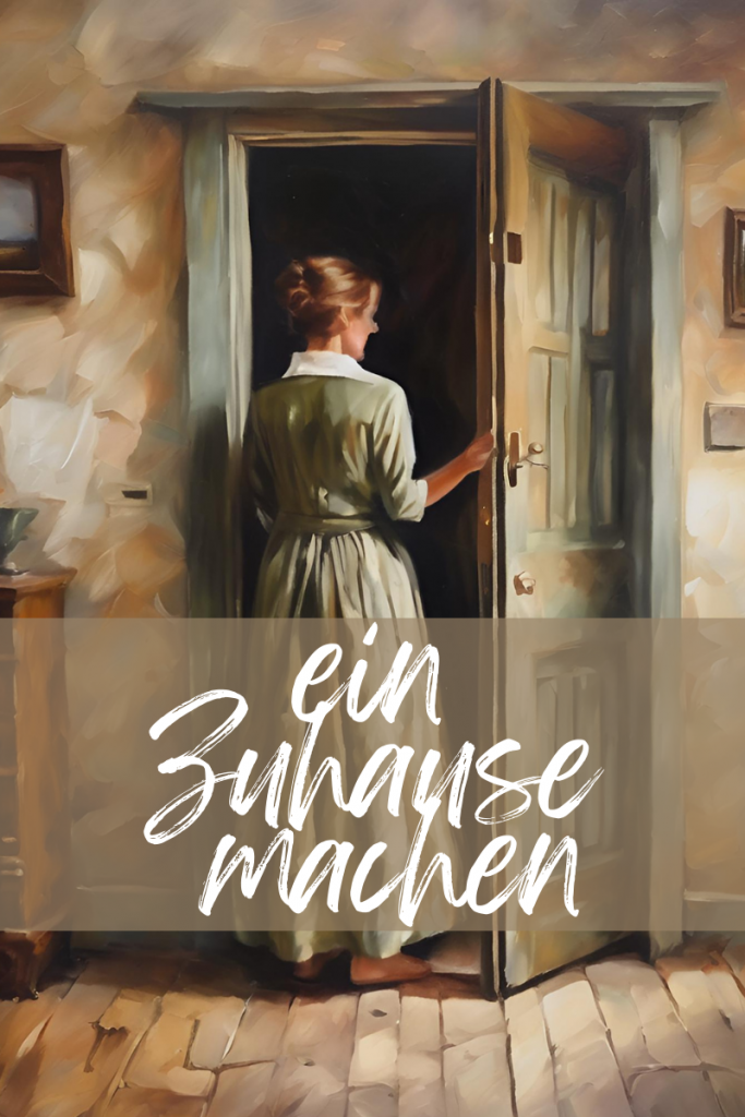 eine Frau in einem Kleid steht an einer geöffneten Tür